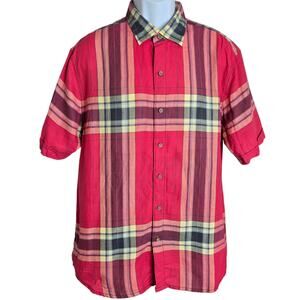 Tommy Bahama Relax Mens‎ Plaid Shirt Large Cotton Linen Blend Curved Hem